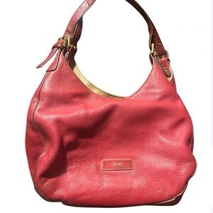 DKNY Red Leather Shoulder Hobo with Gold Accents